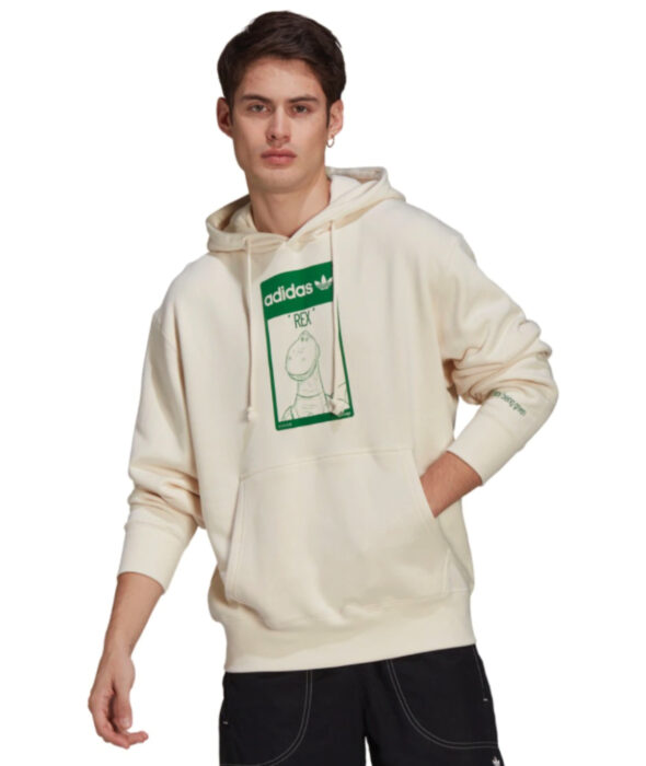 Línea de ropa y calzado de Adidas, Stan Smith Disney; sudadera color hueso con estampado verde de Rex de Toy Story