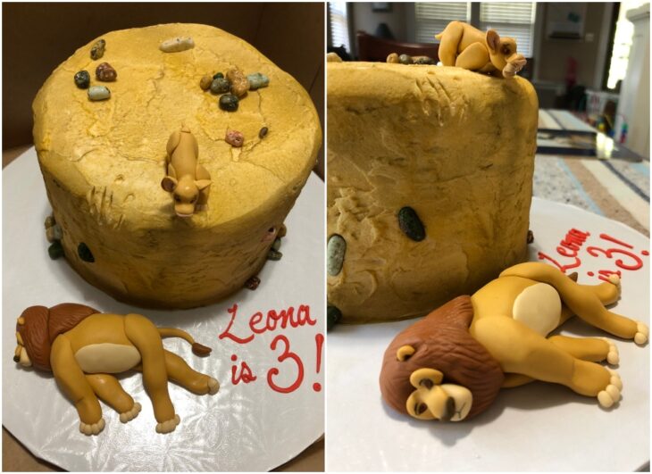 Pastel de cumpleaños decorado con la muerte de Mufasa. Niña pide pastel de cumpleaños con la muerte de Mufasa para no compartir con nadie