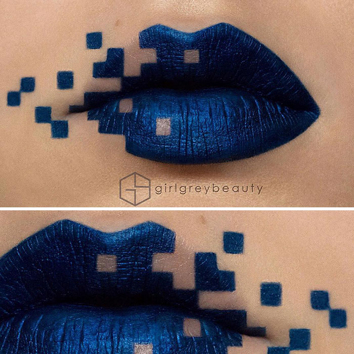 Labios azules con cuadros, Creación de Andrea Reed; Artista crea hermosas obras de arte sobre sus labios