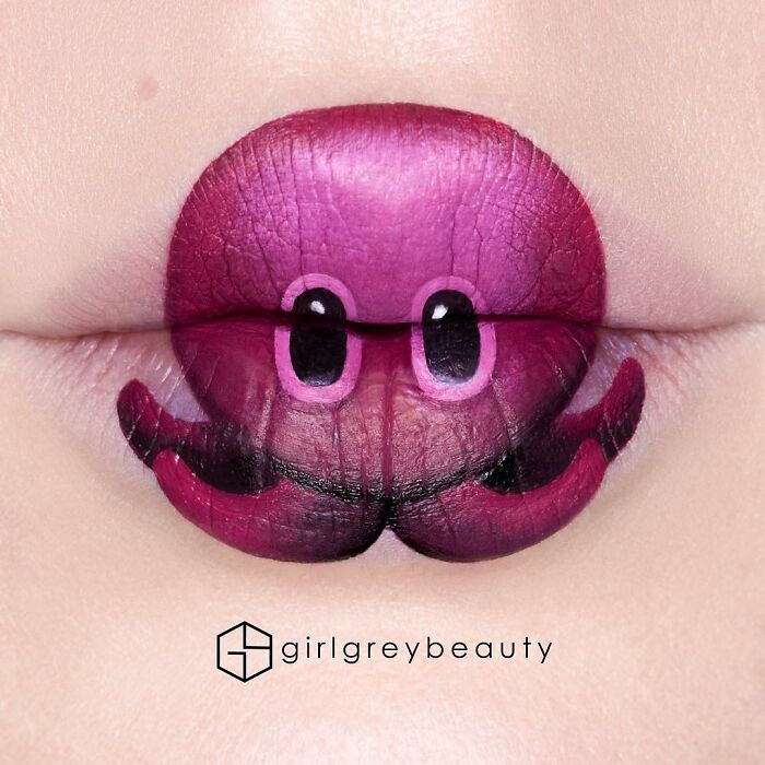 Labios con un pulpo, Creación de Andrea Reed; Artista crea hermosas obras de arte sobre sus labios