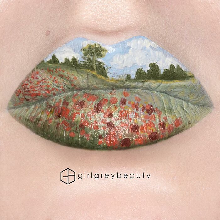 Labios con paisaje montañoso, Creación de Andrea Reed; Artista crea hermosas obras de arte sobre sus labios