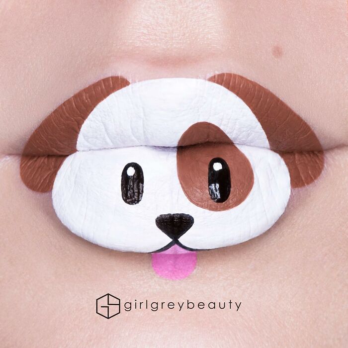 Labios con un perro, Creación de Andrea Reed; Artista crea hermosas obras de arte sobre sus labios
