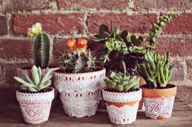 Maceta decorada con encaje ;14 Macetas aesthetic para que tus plantas se ven bien chulas