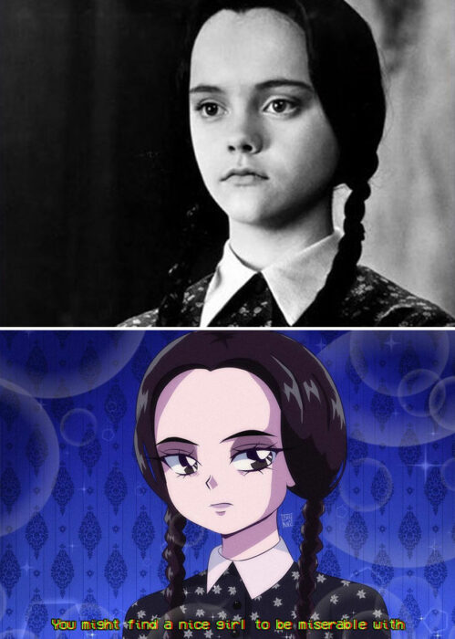 Merlina de Los Locos Adams recreado en anime