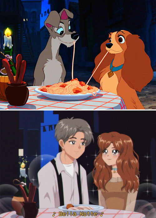 Escena de La dama y el vagabundo recreado en anime