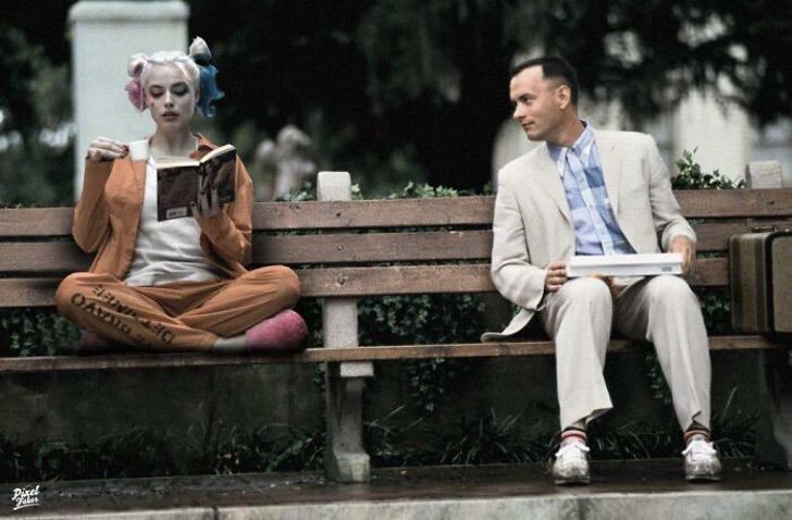 Forest Gump sentado en una banca junto a Harley Quin