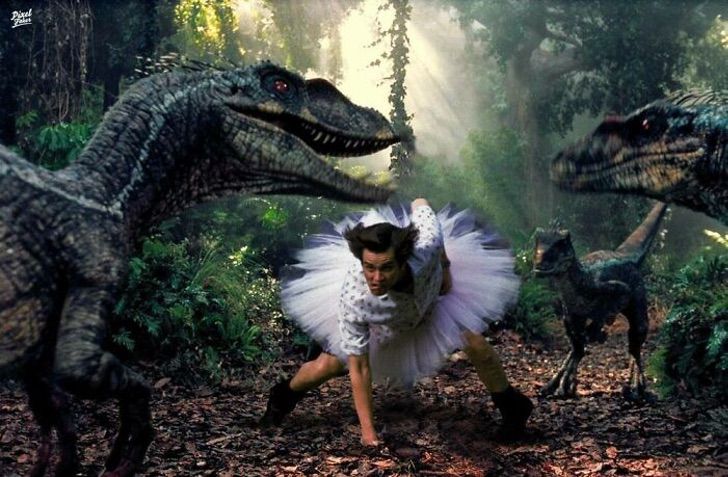 Ace Ventura tratando de domar a los velociraptores de Jurassic Park