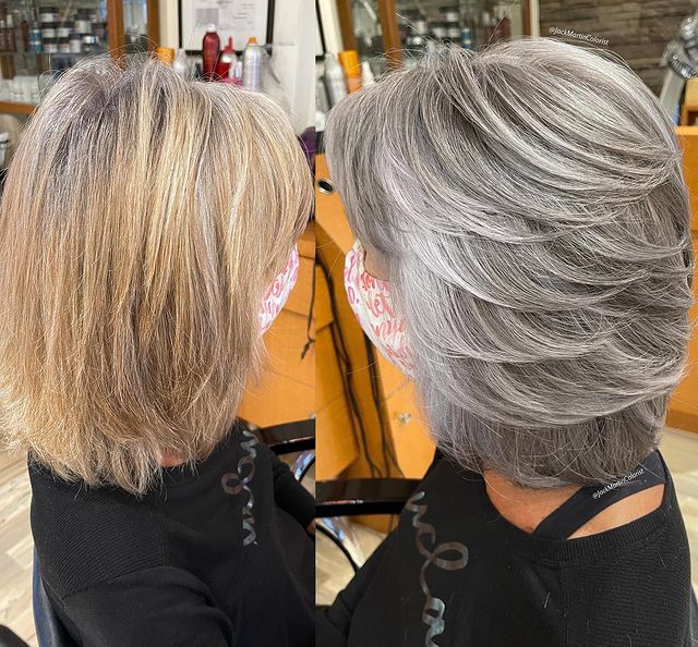 Mujer con cabello en ondas en tono plata y gris oscuro; Convierte cabello con canas en hermosas melenas plateadas