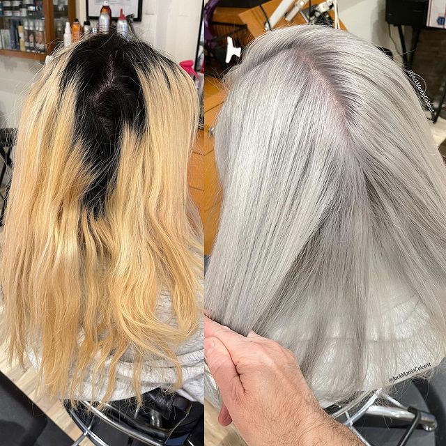 Antes y después de teñir un cabello en plata; Convierte cabello con canas en hermosas melenas plateadas