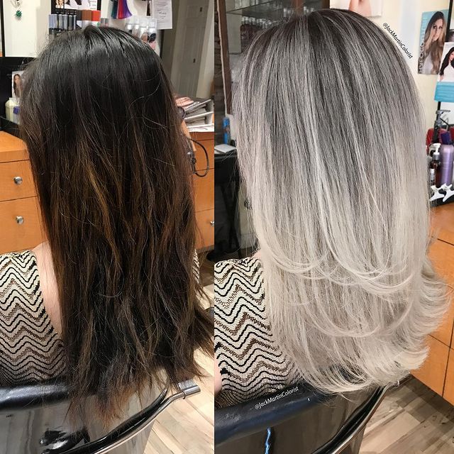 Chica con cabello en tono castaño claro con mechones platas; Convierte cabello con canas en hermosas melenas plateadas
