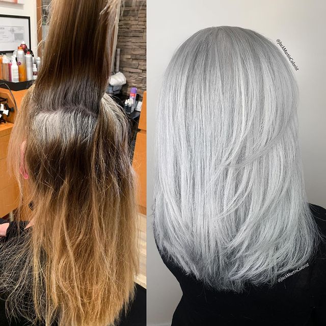 Antes y después de teñir un cabello en gris claro; Convierte cabello con canas en hermosas melenas plateadas
