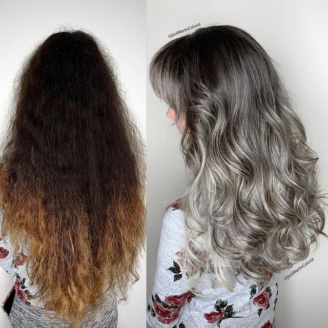 Antes y después de balayage en tono plata; Convierte cabello con canas en hermosas melenas plateadas