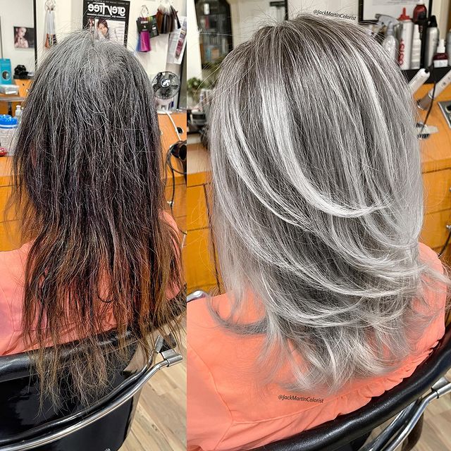 Mujer de espaldas mostrando su cabellera teñida; Convierte cabello con canas en hermosas melenas plateadas