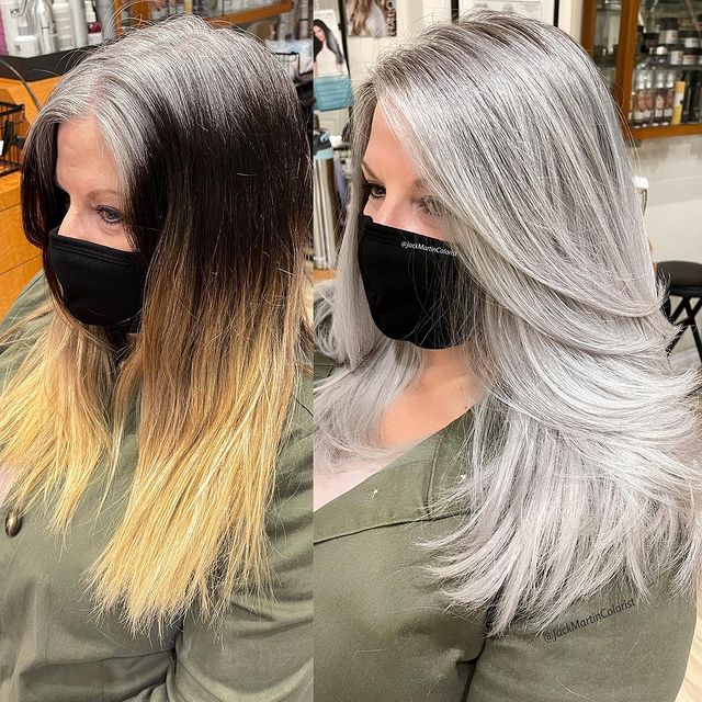 Antes y después de decolorar el cabello a plata; Convierte cabello con canas en hermosas melenas plateadas