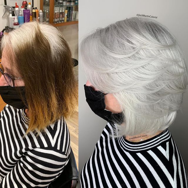 Antes y después de teñir un cabello corto en gris claro; Convierte cabello con canas en hermosas melenas plateadas