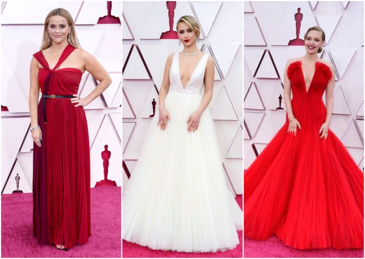 Amanda Seyfried, Reese Witherspoon y Maria Bakalova en la entrega de los premios óscar