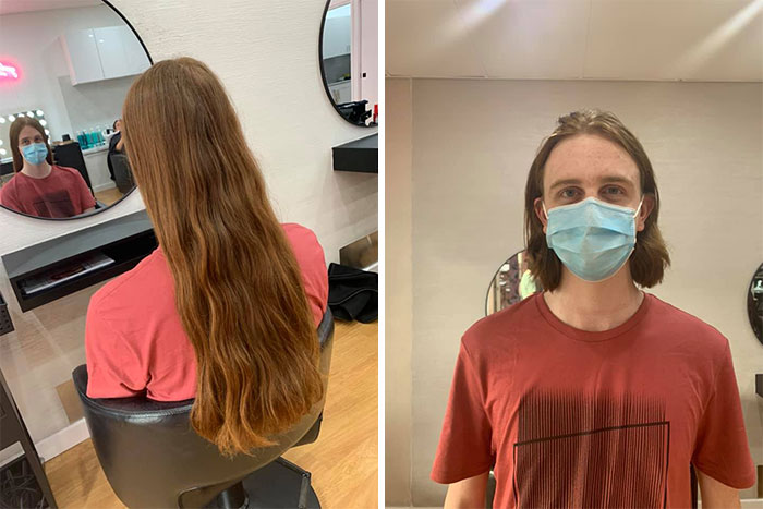 Chico rubio antes y después de cortar su cabello para donarlo 