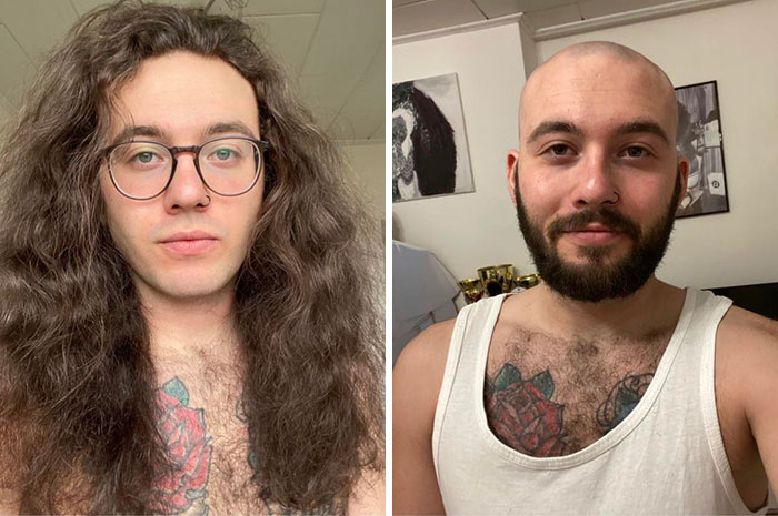 chico rubio con gafas antes y después de cortar su cabello para donarlo 