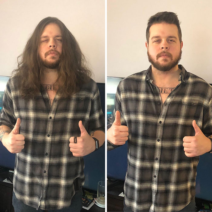 Hombre fornido con camisa a cuadros antes y después de cortar su cabello para donarlo 