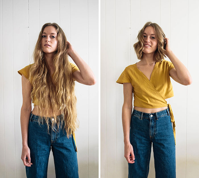 chica con cabello teñido de rubio antes y después de cortar su cabello para donarlo 