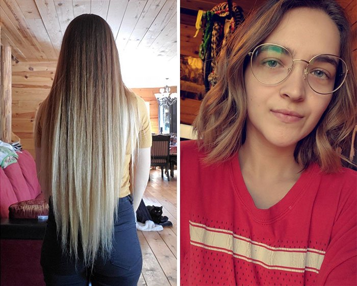 Chica de cabello rubio con anteojos antes y después de cortar su cabello para donarlo 