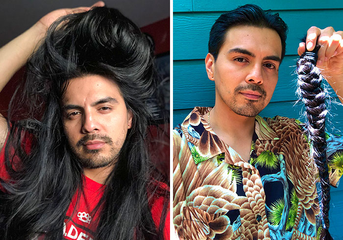 chico con cabello largo y piel morena antes y después de cortar su cabello para donarlo 