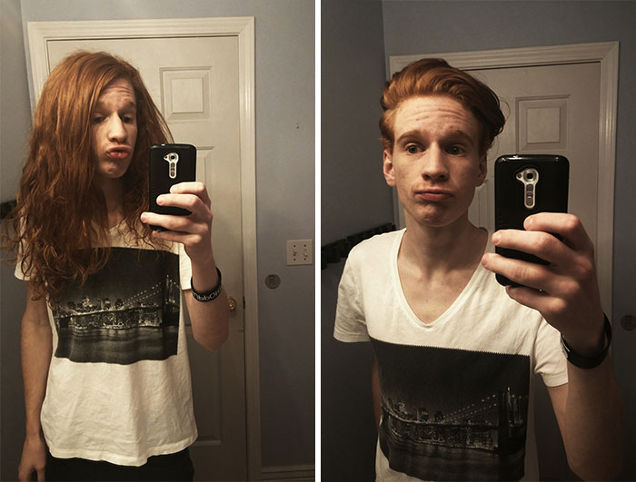 chico pelirrojo tomando selfies antes y después de cortar su cabello para donarlo 