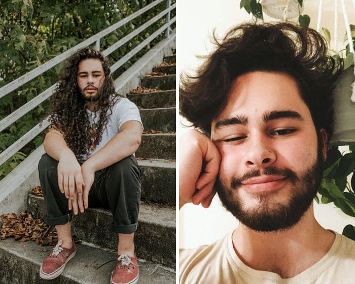 Hombre sentado en las escaleras antes y después de cortar su cabello para donarlo 