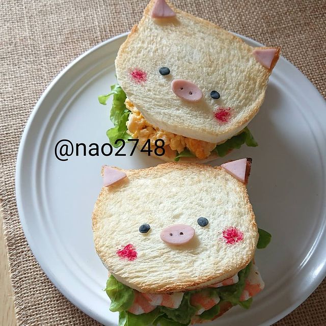Sándwich de jamón en forma de cerdito; Platillo elaborado por nao2748; Hermosa comida de bento estilo japonés