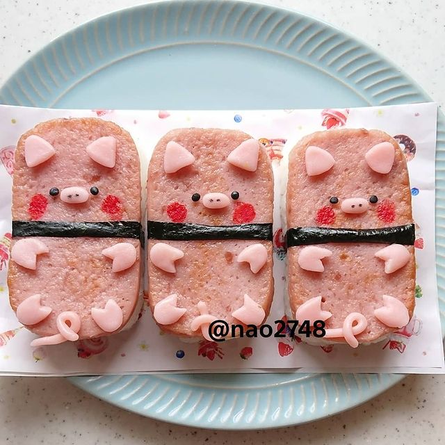 Jamón horneado en forma de cochinito; Platillo elaborado por nao2748; Hermosa comida de bento estilo japonés