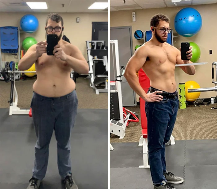 Chico mostrando el antes y después de su pérdida de peso