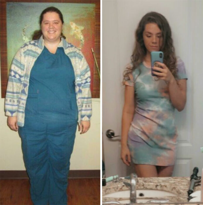 Chica mostrando el antes y después de su pérdida de peso