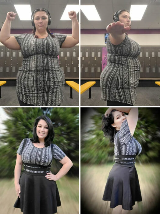 Chica mostrando el antes y después de su pérdida de peso