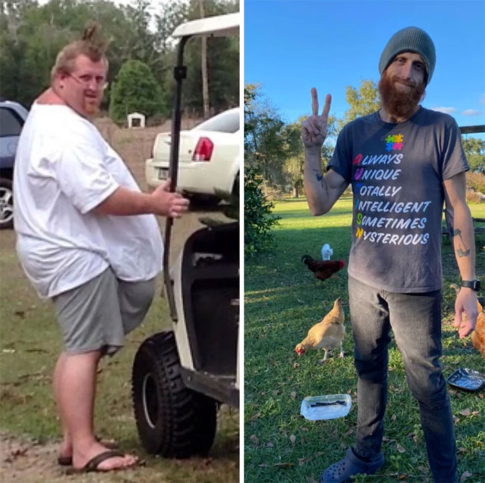 Chico mostrando el antes y después de su pérdida de peso
