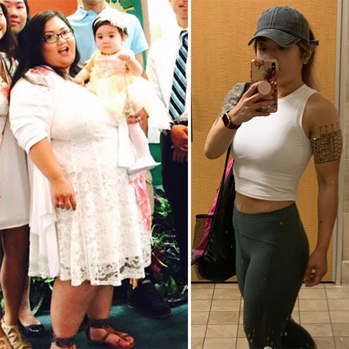Chica mostrando el antes y después de su pérdida de peso