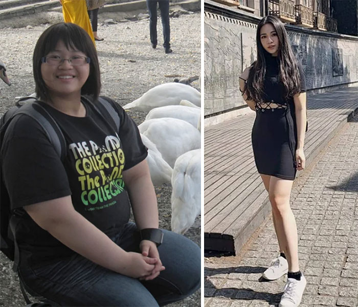 Chica mostrando el antes y después de su pérdida de peso