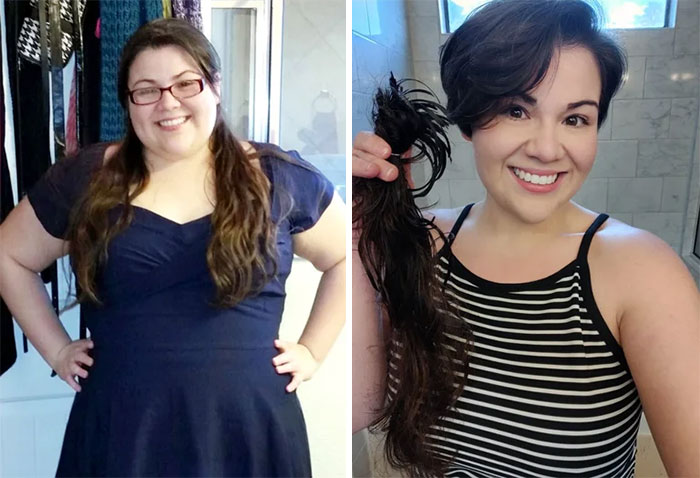 Chica mostrando el antes y después de su pérdida de peso