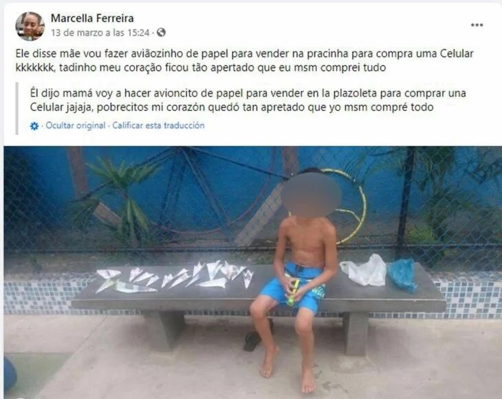 Publicación en redes sociales sobre un niño que vende aviones en la calle para comprar un celular 