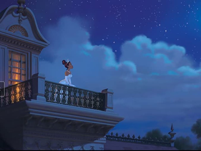 Tiana de la princesa y el sapo viendo las estrellas mientras usa un vestido de princesa