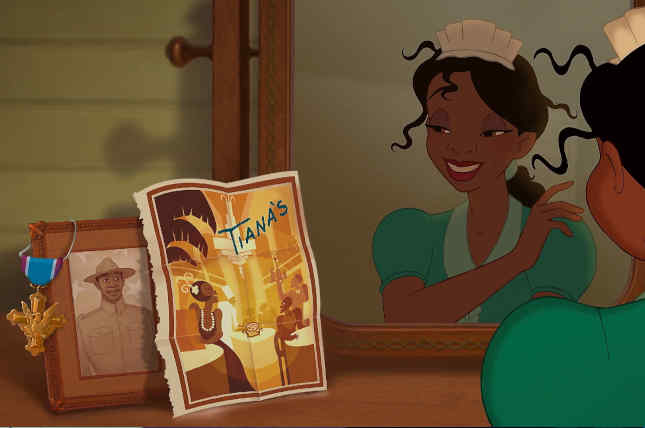 Tiana de La princesa y el sapo viendo una fotografía de su restaurante