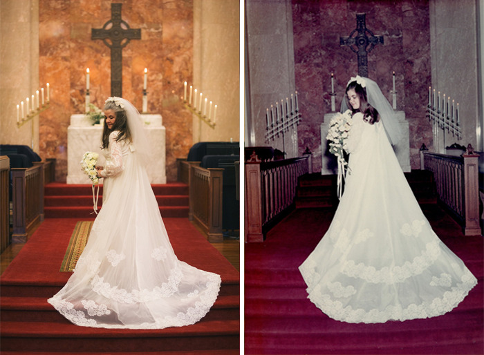 Mujer recreando las fotos del día de su boda 