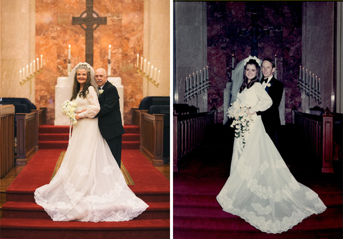 Pareja de abuelitos recreando las fotos del día de su boda 