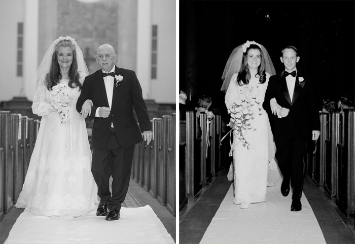 Pareja de abuelitos caminando juntos por el altar y recreando las fotos de su boda 
