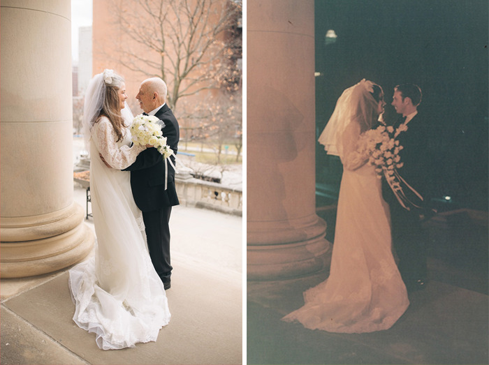 Pareja de abuelitos recreando las fotos del día de su boda 