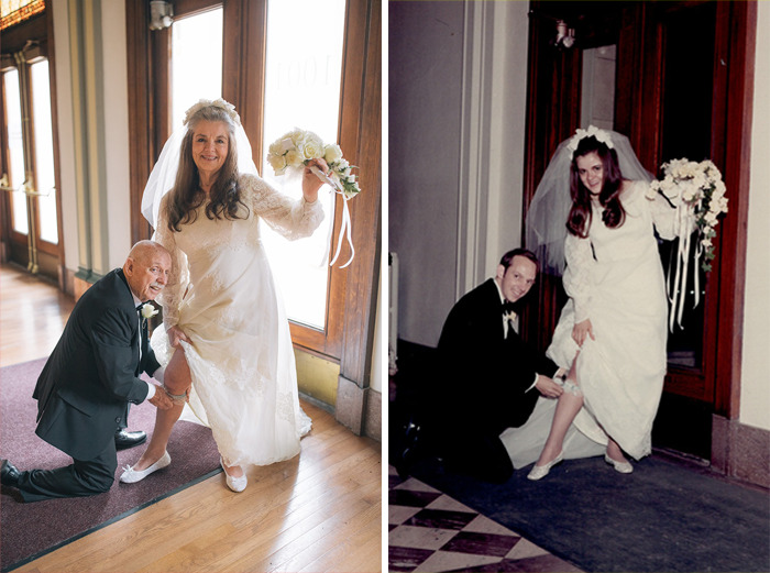 Pareja de abuelitos recreando las fotos del día de su boda 