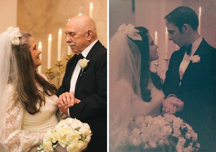 Pareja de abuelitos recreando las fotos del día de su boda 