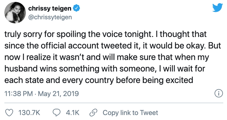Comentario en twitter de Chrissy Teigen 