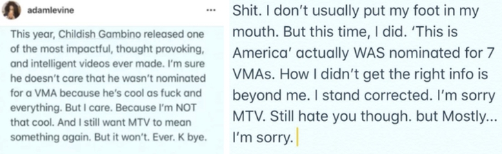 Comentario en twitter de Adam Levine 