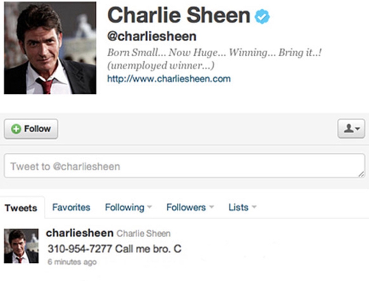 Comentario en twitter de Charlie Sheen con su número de teléfono 