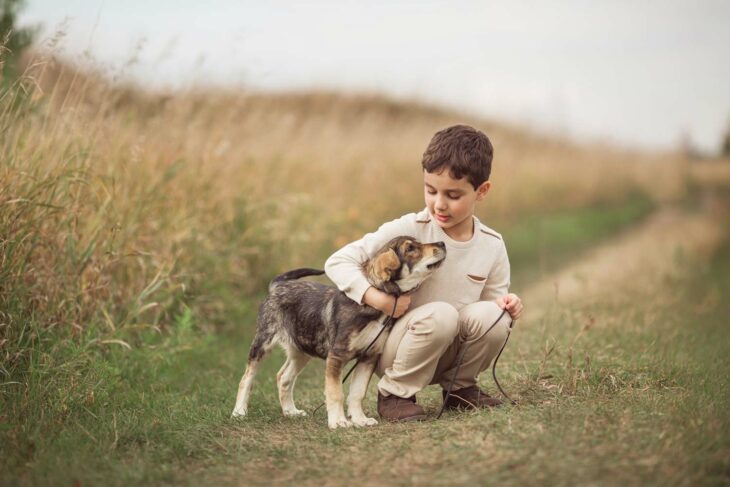 Niño junto a su perro en un paradero; Niño busca a su perro con dibujo porque no tiene fotos de él